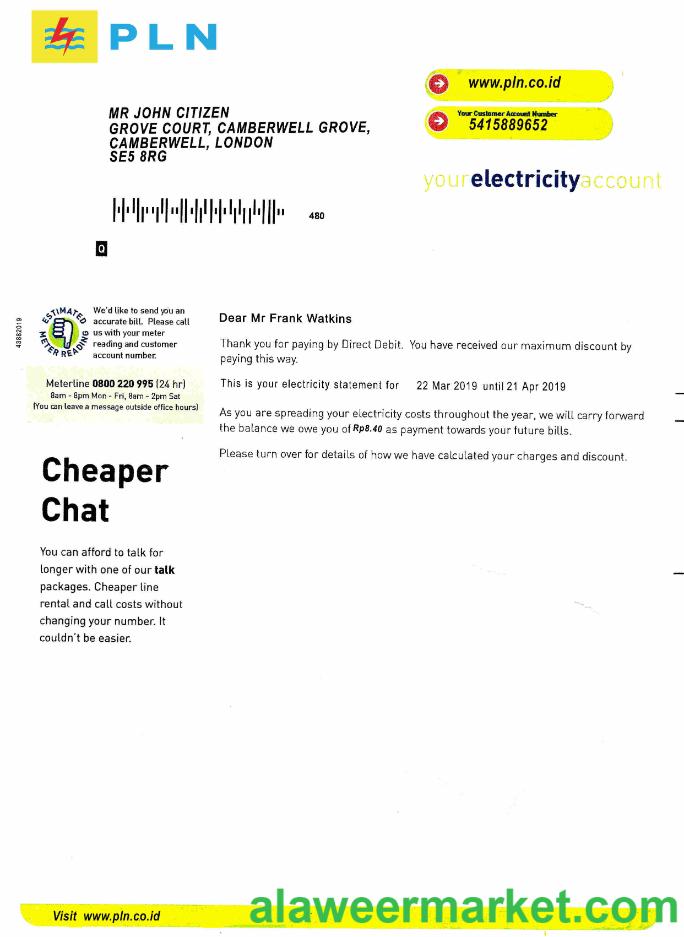 Indonesia PLN electricity utility bill template, fully editable in PSD format